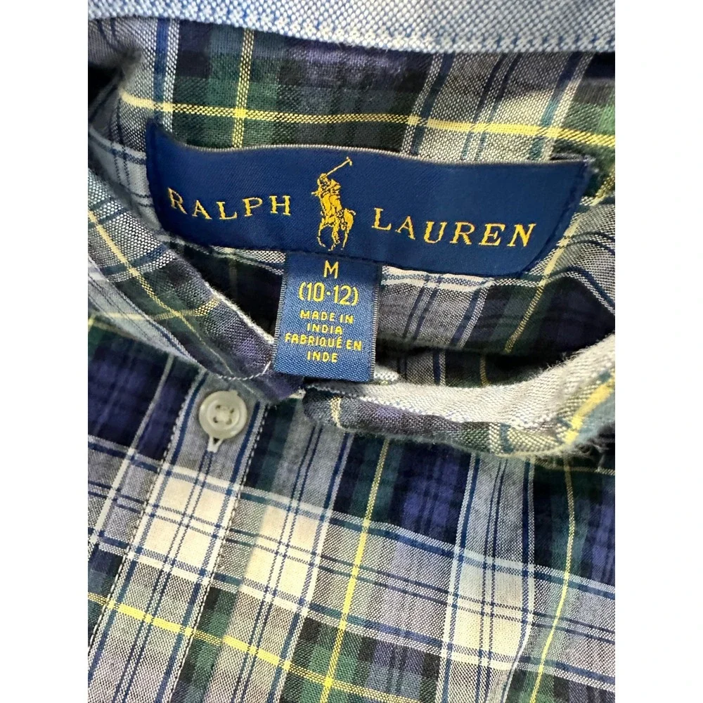 Ralph Lauren Boys Blue Green Plaid Button Down Shirt Size M 10-12 Long‎ Sleeve